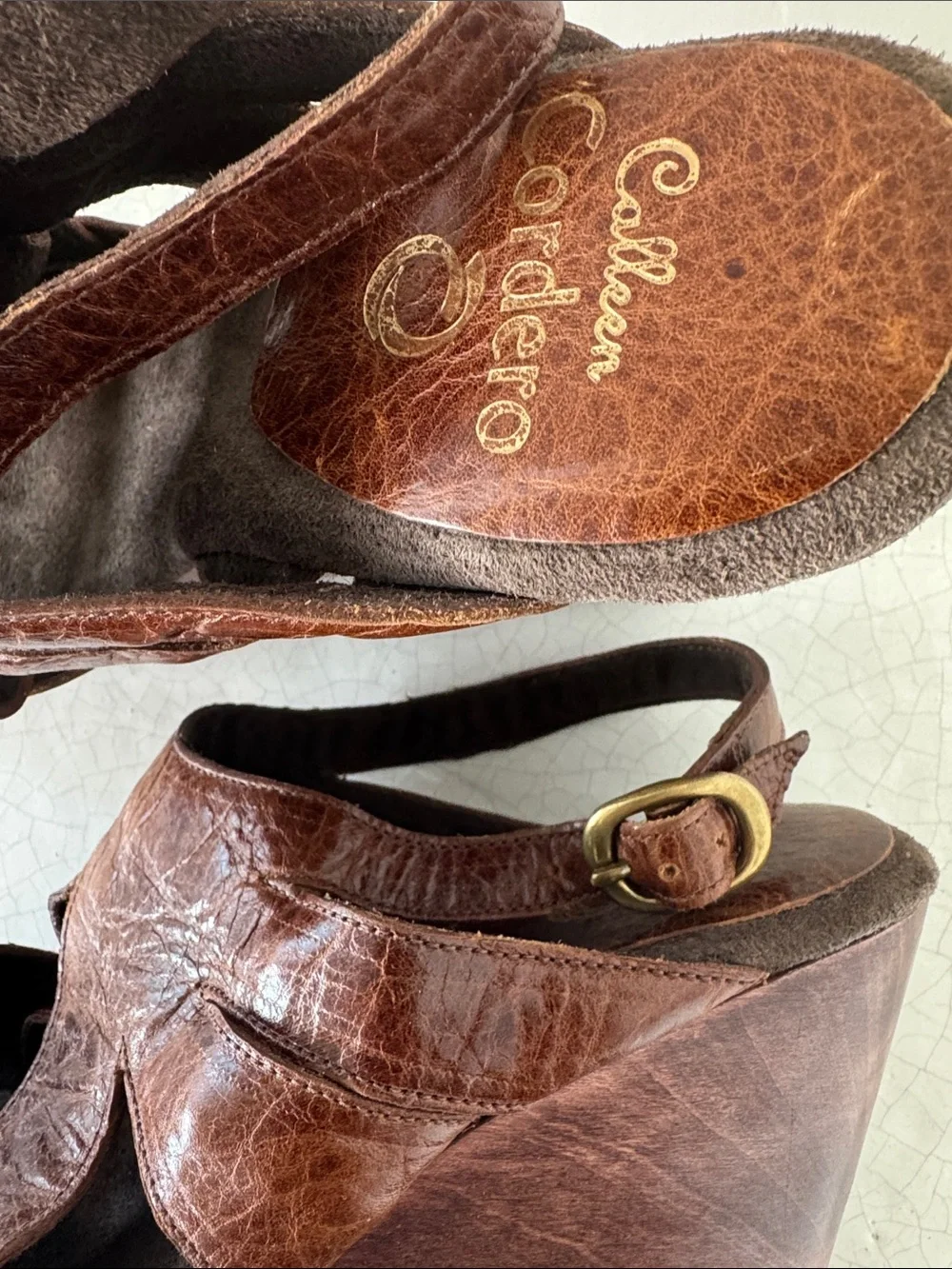 Calleen Cordero Brown Distress Leather Wedge Platform Sandals Wooden Heel Size 8